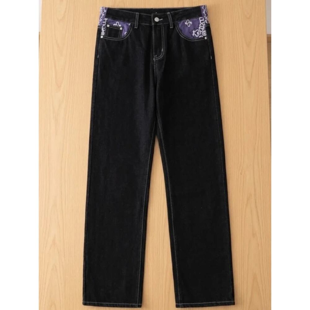 NEW Men's XL Hip Hop Denim Baggy BLACK Jeans Purple Accents Loose Fit Wide Leg